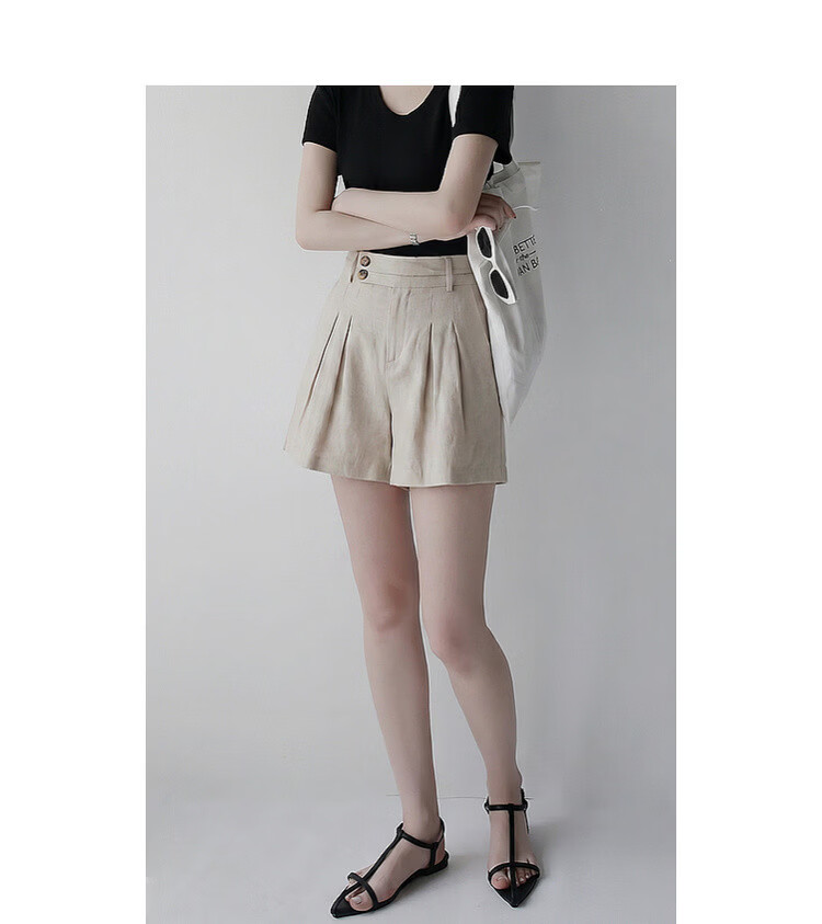 Demana Breathable Linen Feel Summer Commuter Wide-Leg Pleated Two-Button Loose Slimming Women's Casual Shorts 20