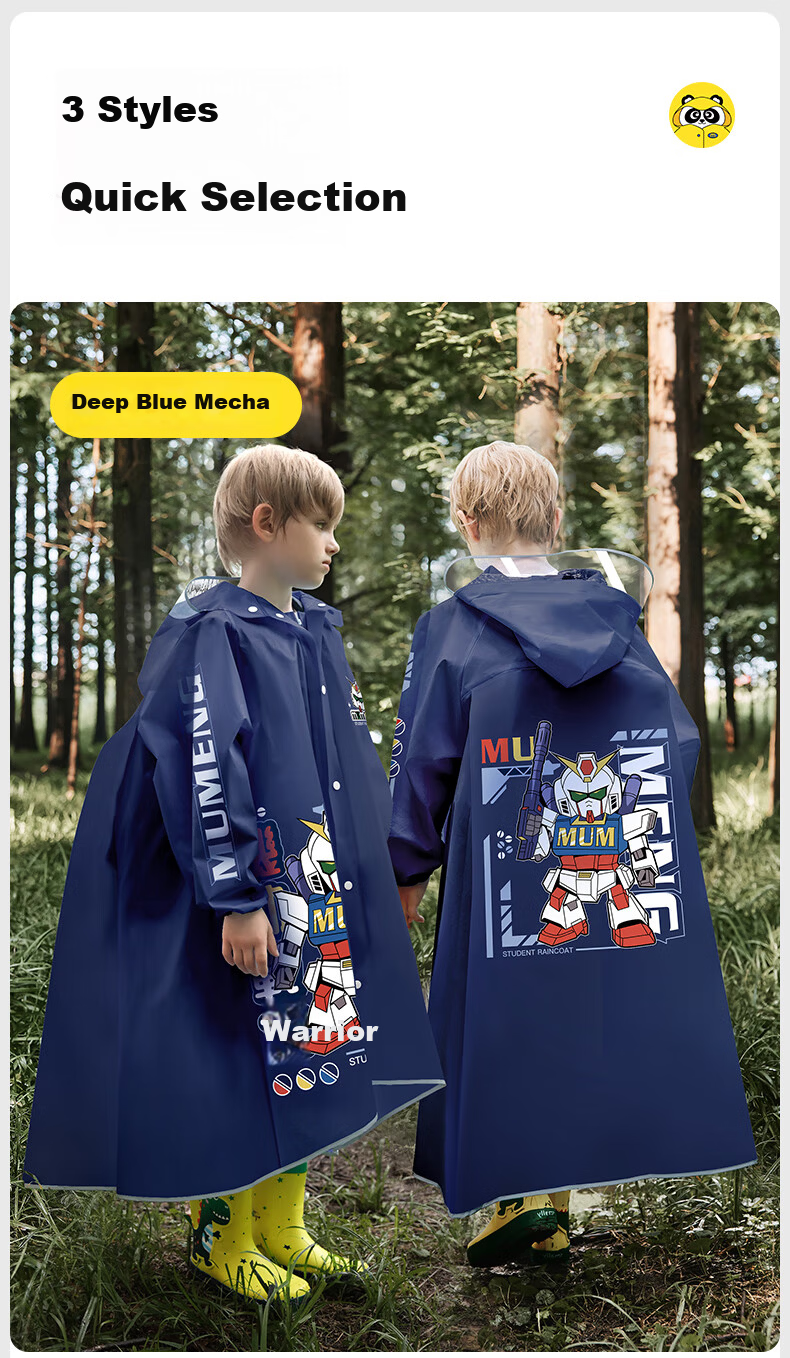 Moremerry Children's Raincoat for Boys And Girls, Full-Body Waterproof Poncho for Primary And Secondary School Students, Navy Blue Mecha Design, Size 4XL 32