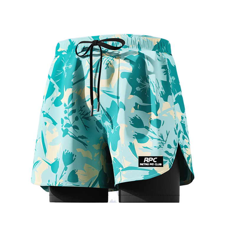 Yuke Men's Quick-Dry Large Size Swim Trunks Professional Swimming Gear Set Fluorescent Green Print + Swim Cap + Phone Pouch XL