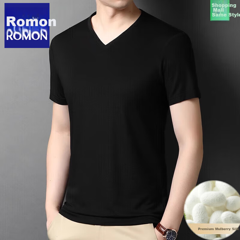 Romons Mulberry Silk Short Sleeve T-Shirt Men Summer V-Neck Solid Color Loose Fit Pure Silk Top Black M