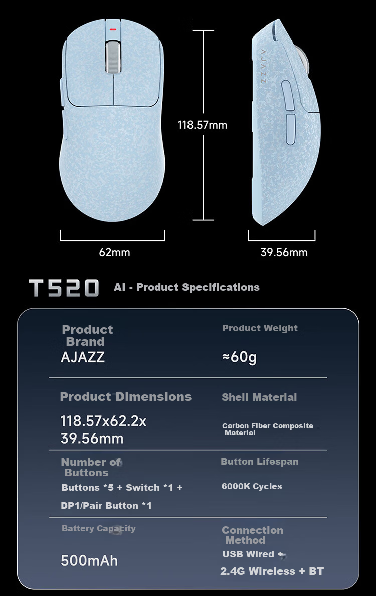 AJAZZ T520AI Wireless Mouse, Carbon Fiber Lightweight Gaming Mouse, Star Flash Three-Mode Connection, Comfortable Feel, Delicate Texture, Blue 10