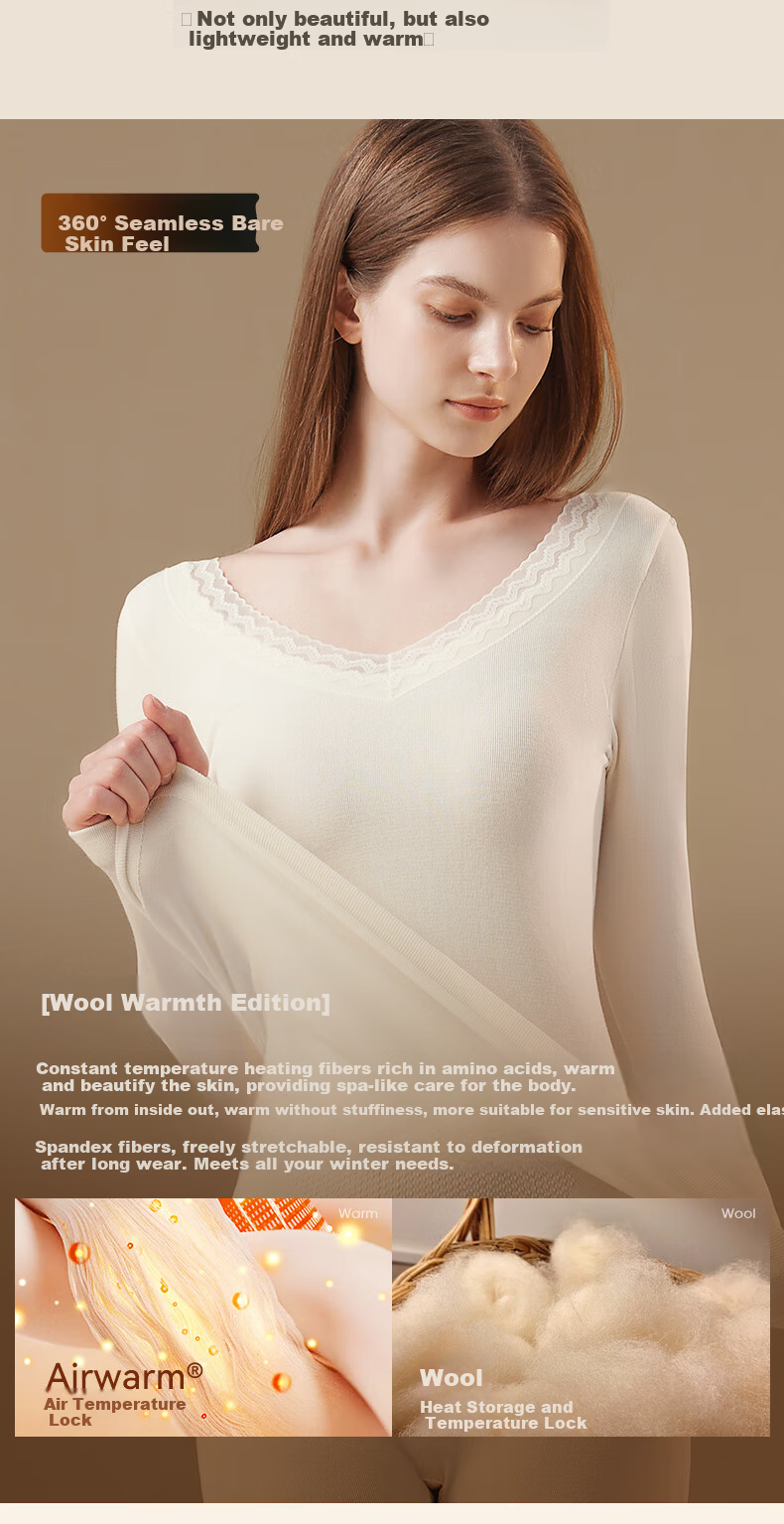 Miiow 2025 New V-Neck Lace Wool Lightweight Shaping Seamless Thermal Underwear Set for Women Slim Fit Autumn Top and Bottom 3