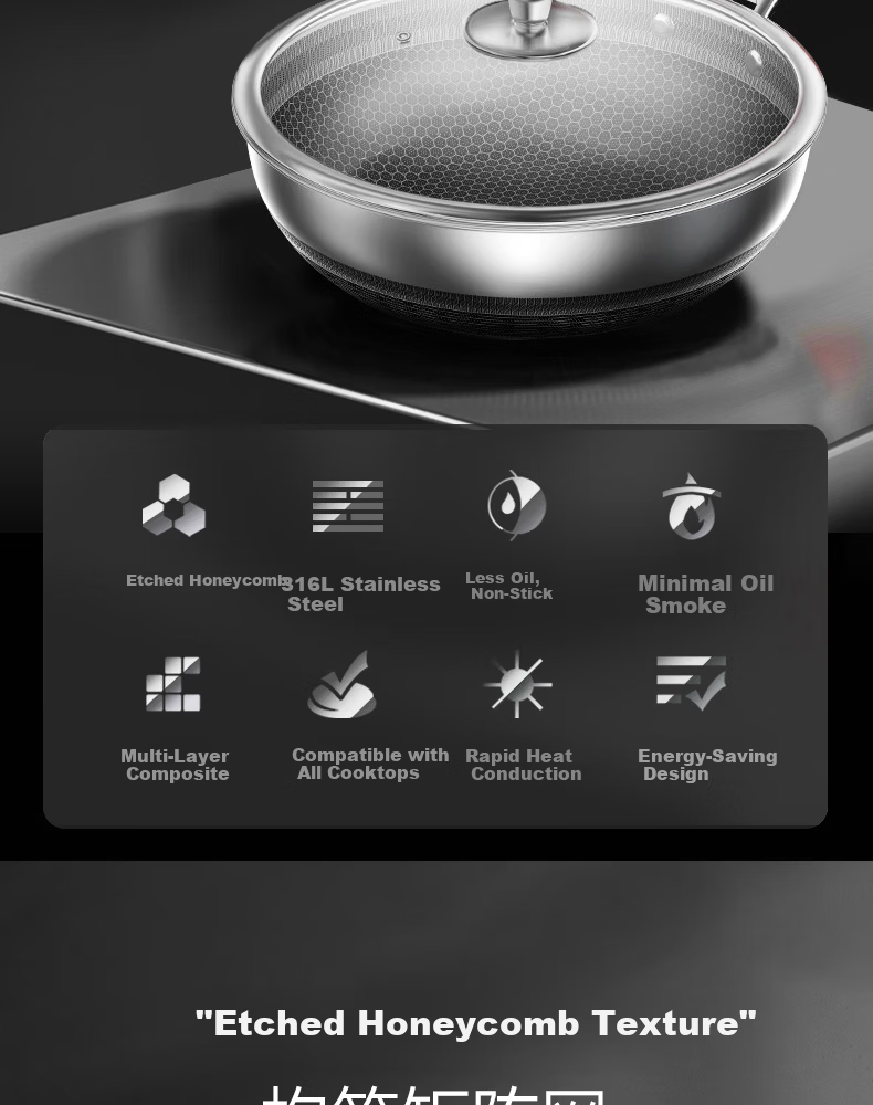 Kambach 316L Stainless Steel Honeycomb Dual-Use Frying Pan Flat Bottom Wok Deep Frying Pan for Induction and Gas Stoves 2