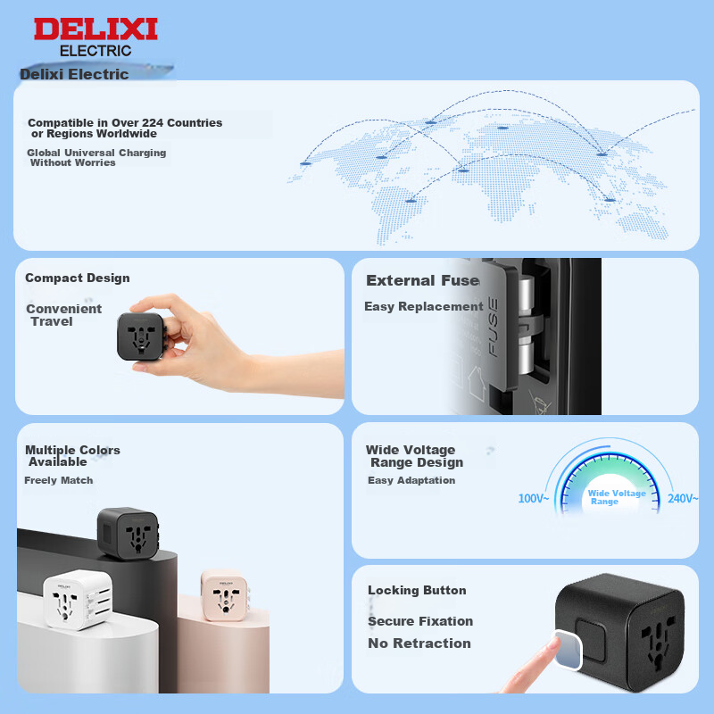 DELIXI Universal Travel Adapter Plug Socket Converter Multi-Country UK Singapore Hong Kong Europe British European American Australian Japanese Standard No Switch Pink