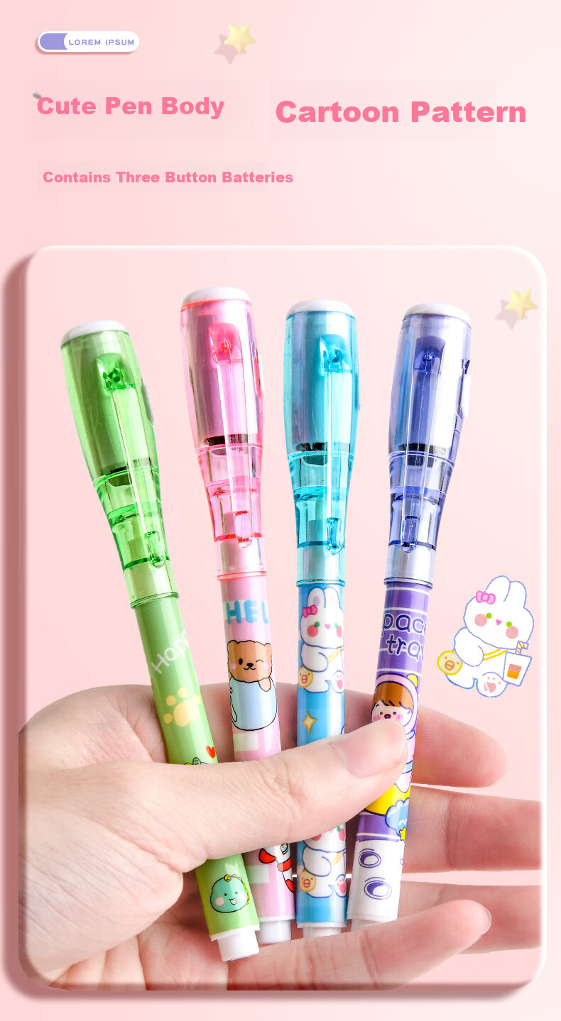 Jiamo Invisible Light Pen Gel Pen Disappearing Invisible Highlighter Magic Light Pen Ink Pen Luminous Creative Cartoon Double-Ended UV Ballpoint Secret Writing Glow Pen 4