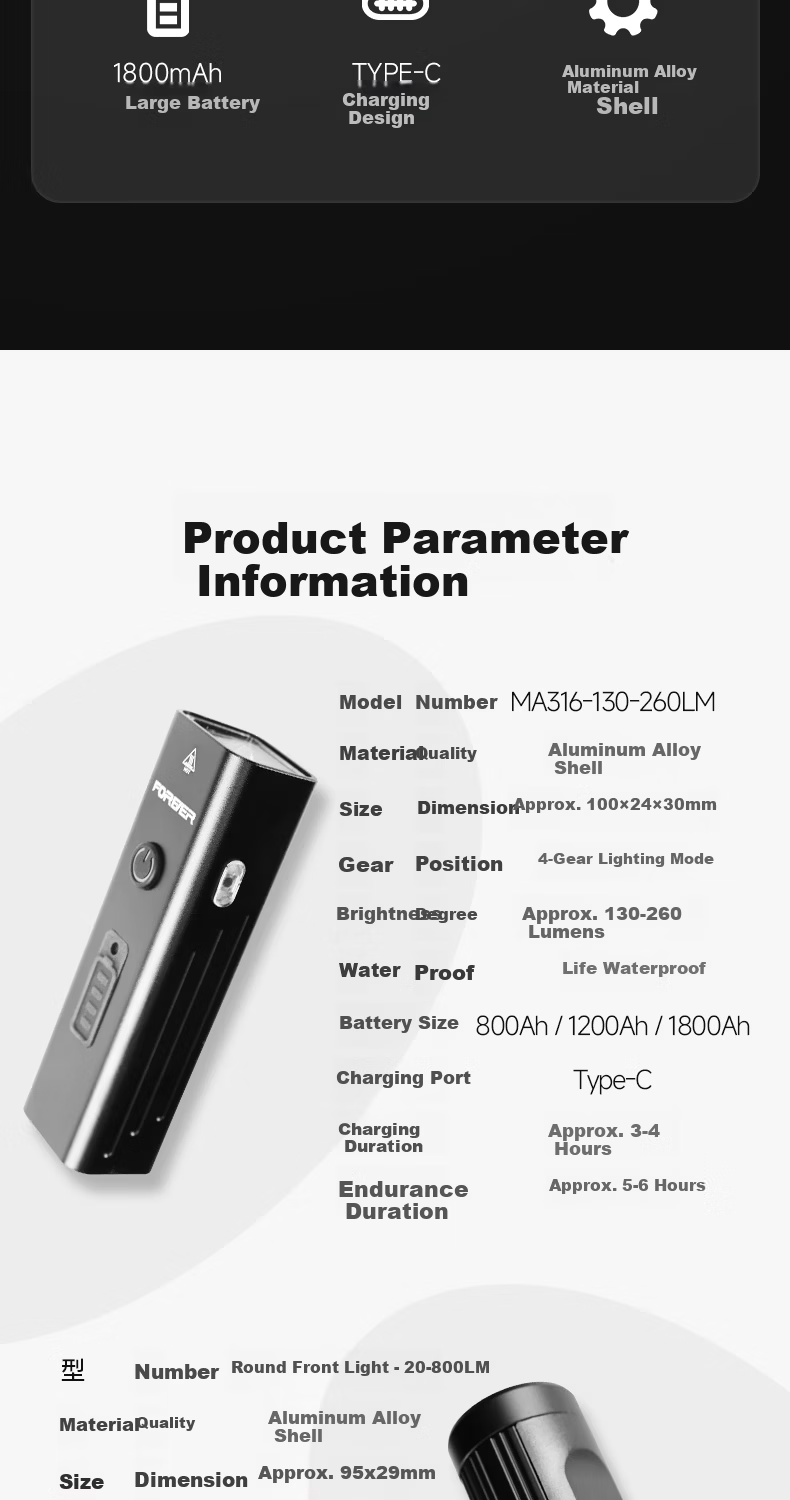 Forever Bicycle Front Light Night Riding High Brightness Flashlight 260 Lumens 4 Modes 800mAh 2