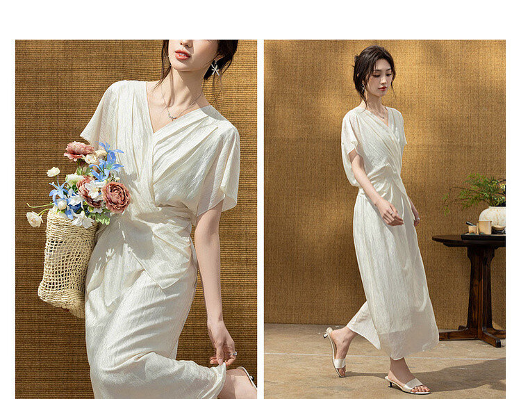 Demana Wrinkled Acetate Summer Elegant Luxury V-Neck Cross Waist Batwing Sleeve Lightweight Dress for Women High-End Feel 9