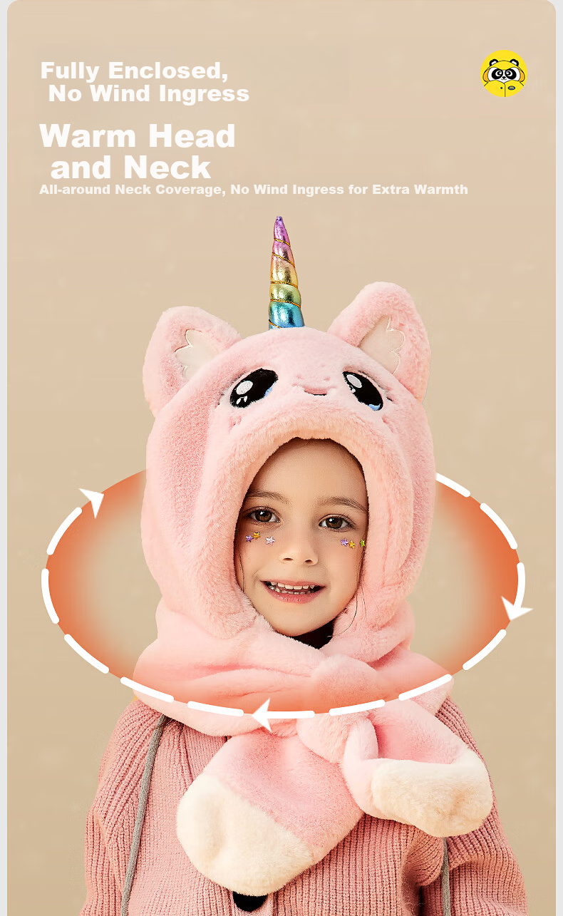 Mumeng Kids Autumn Winter Hat and Scarf Set Fleece Thickened Warm Hat Pink Unicorn for Older Children 4