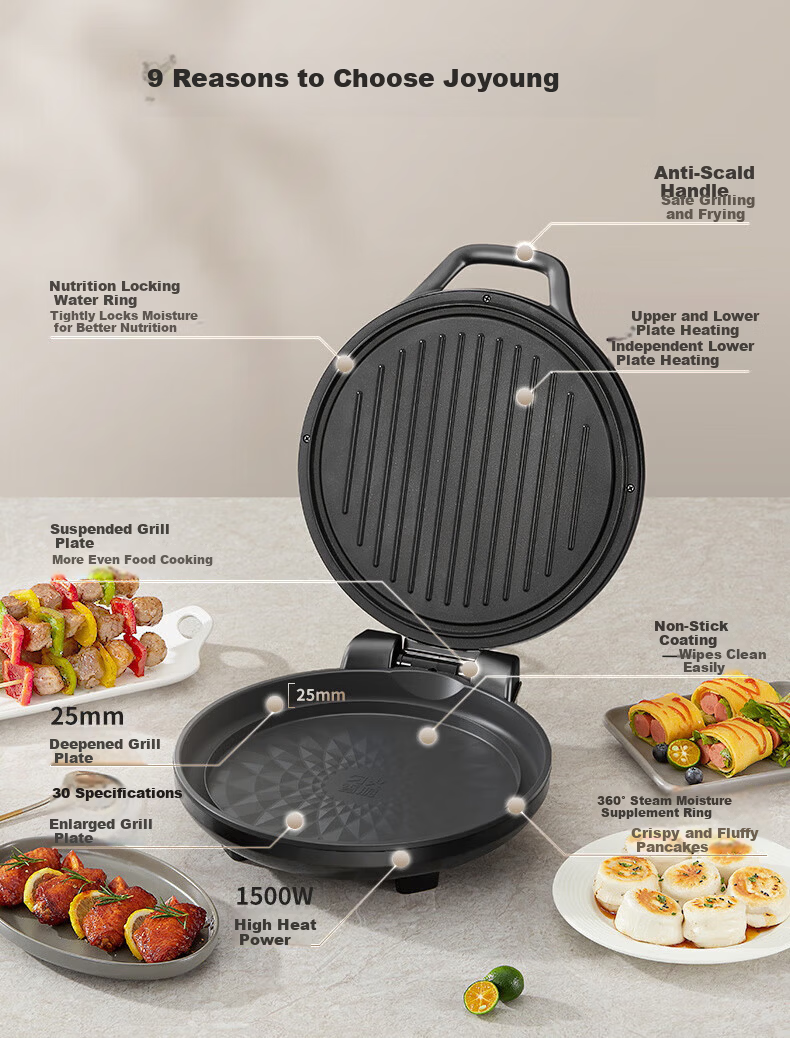 Joyoung Electric Griddle Sandwich Maker Breakfast Machine, Circular Steam Function, 25mm Deep Baking Tray, Double-Sided Heating Pancake Cooker, 1500W High Power Grill And Fryer GK180 2