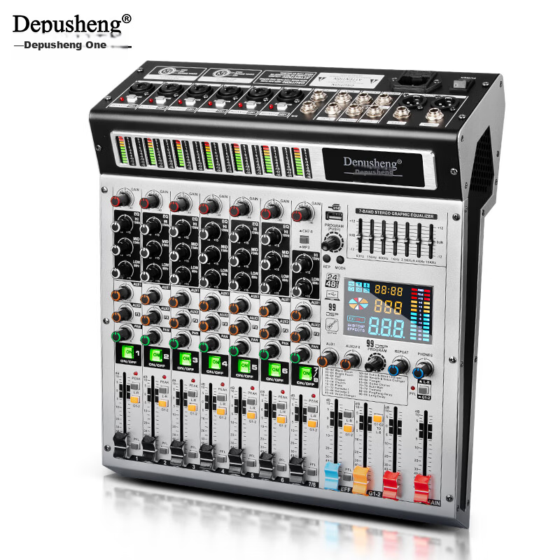 Depusheng 8-Channel Professional Mixer with Grouping, Stage Conference Wedding Bar Training Campus, 99 Digital Reverb Types, MP3 Bluetooth, 48V Phantom Power, Equalizer, USB Sound Card, AUX Output TX-