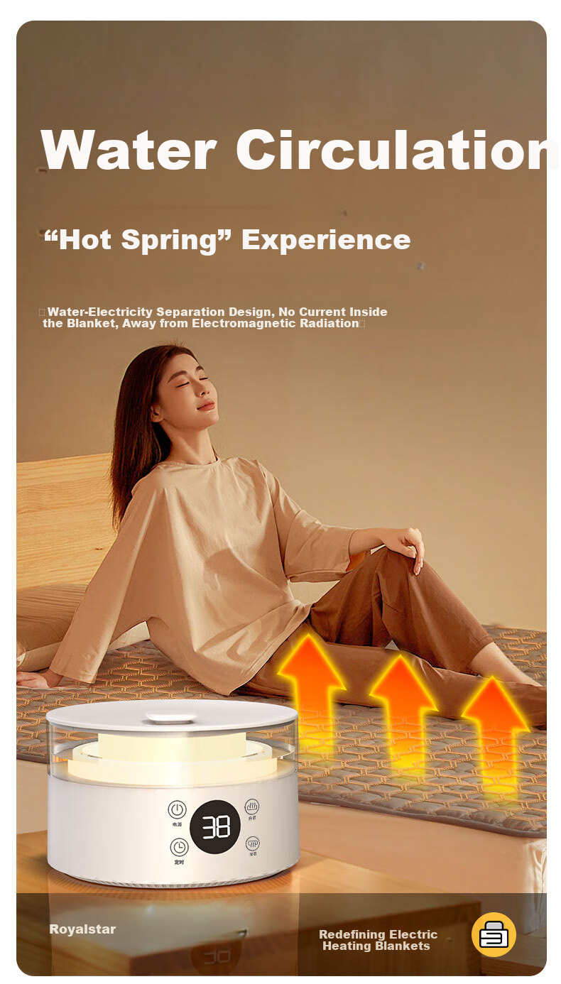 Royalstar Water Heating Electric Blanket Water Circulation Anti-Mite Dehumidification Home Smart Timer Temperature Control Single 1.2*1.8m 4
