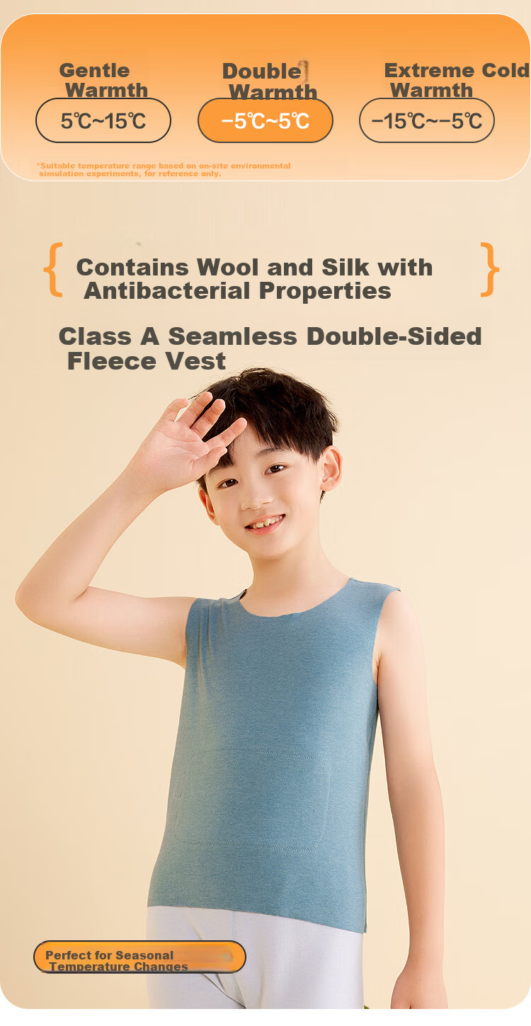Hodohome Kids Boys 3A Antibacterial Warm Vest with Wool and Mulberry Silk Seamless Fleece Blue 271 Size 160 1