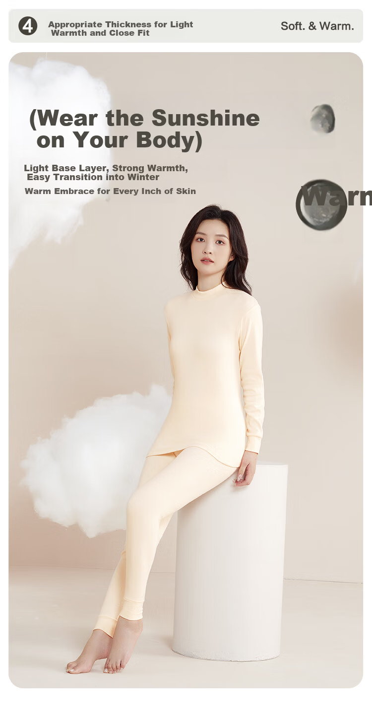 Hodo Home Women's Cotton Thermal Underwear Set Autumn Long Johns Mid-High Collar Basic Warm Base Layer Champagne Color Size 175 3