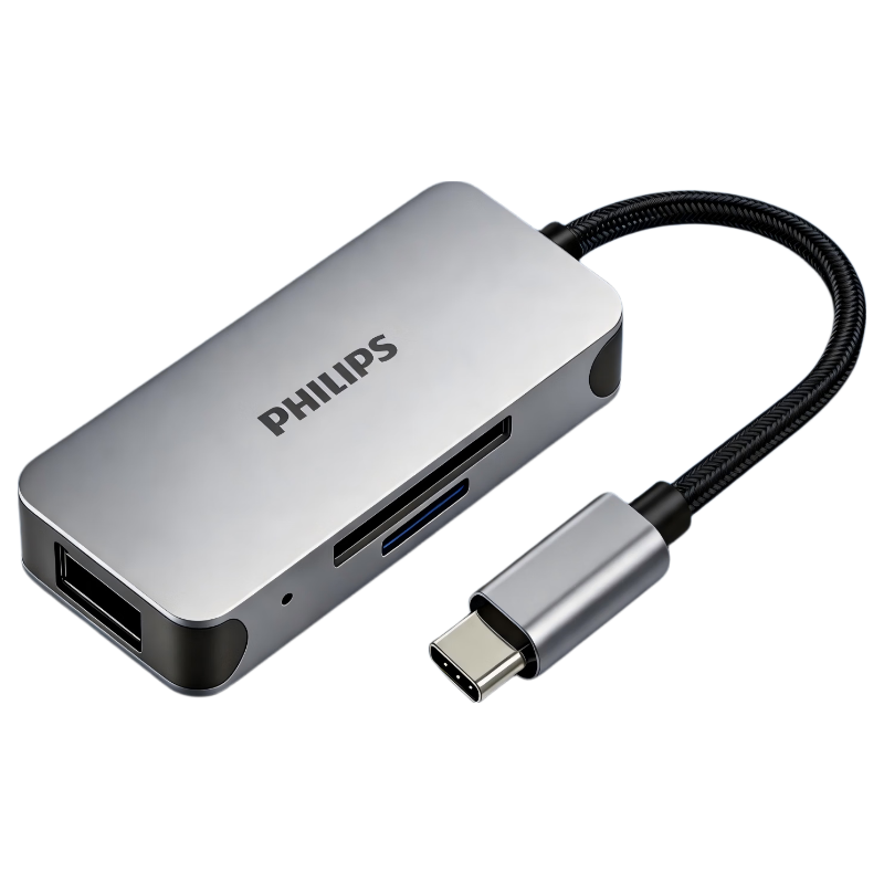 PHILIPS Type-C Docking Station USB3.0 High-Speed 3-in-1 Card Reader Dual SD/TF Card Reader Compatible with Computers, Cameras, Surveillance Memory Cards, and Mobile Phones