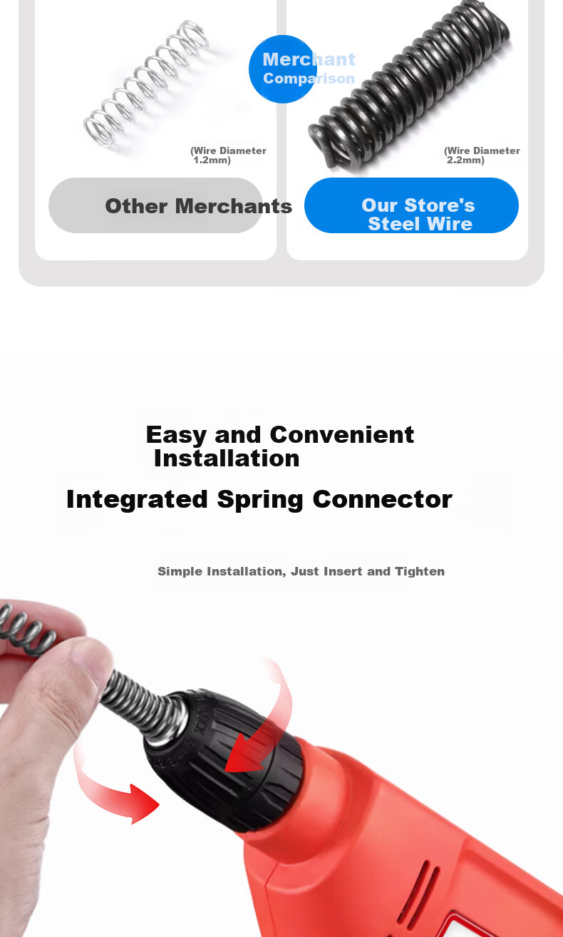 Tianzhiyan Electric Drain Cleaner Tool for Toilet and Kitchen Pipes, 6m Spring Cable 6