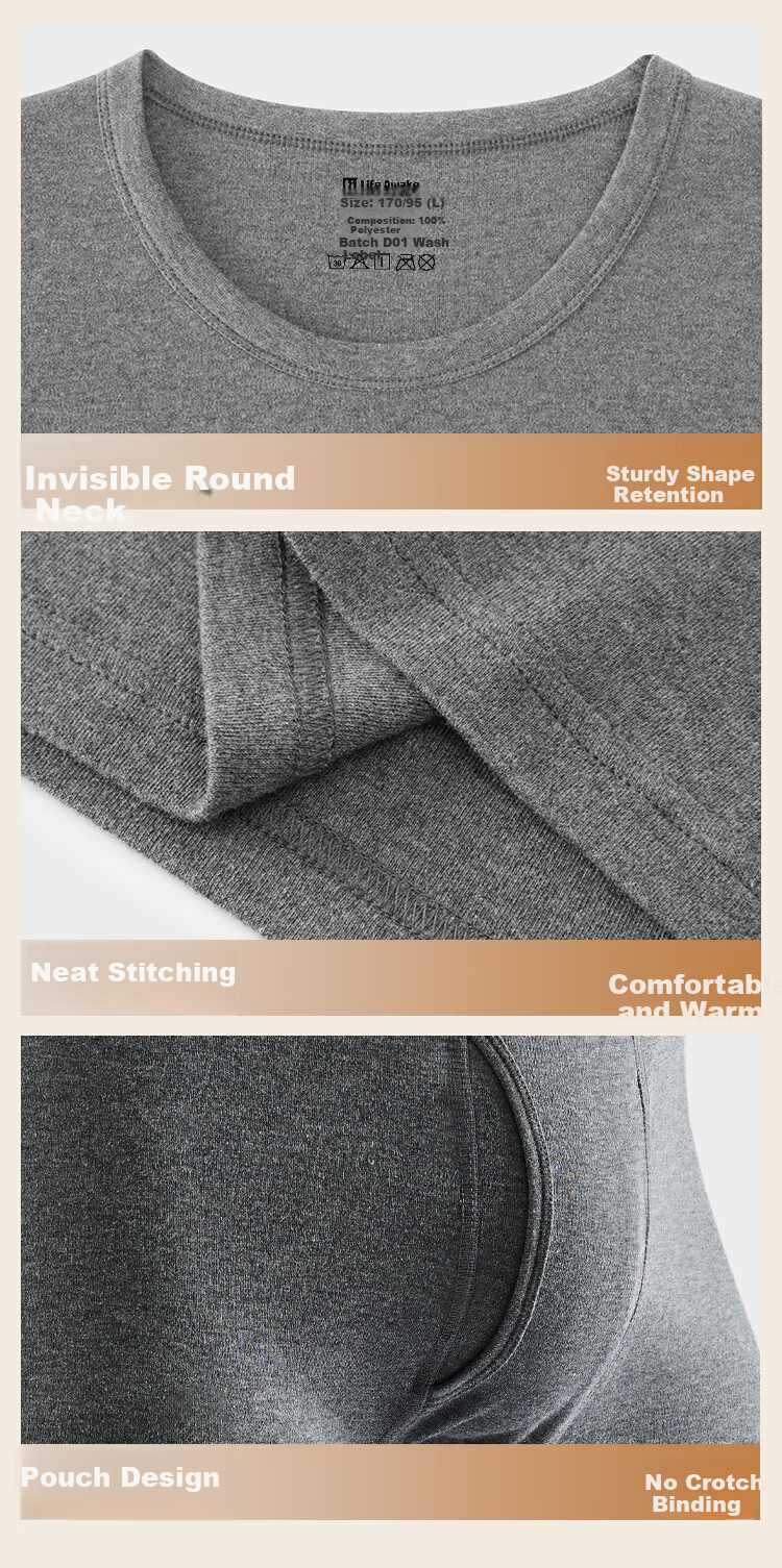 HLA【Mountain Not High】Men's Autumn Thermal Underwear Set Round Neck Class A 210g Pure Cotton Antibacterial Mite-Resistant Thin Warm Innerwear 15