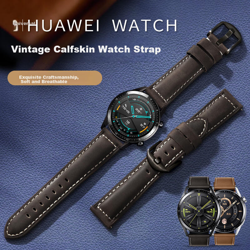 Mashi Compatible Huawei Watch Strap Spring Summer Watch5/4/3/GT6/5/GT4/3/2/Pro/Honor Magic2 Matte Cowhide Leather Band Black Black Buckle 22mm