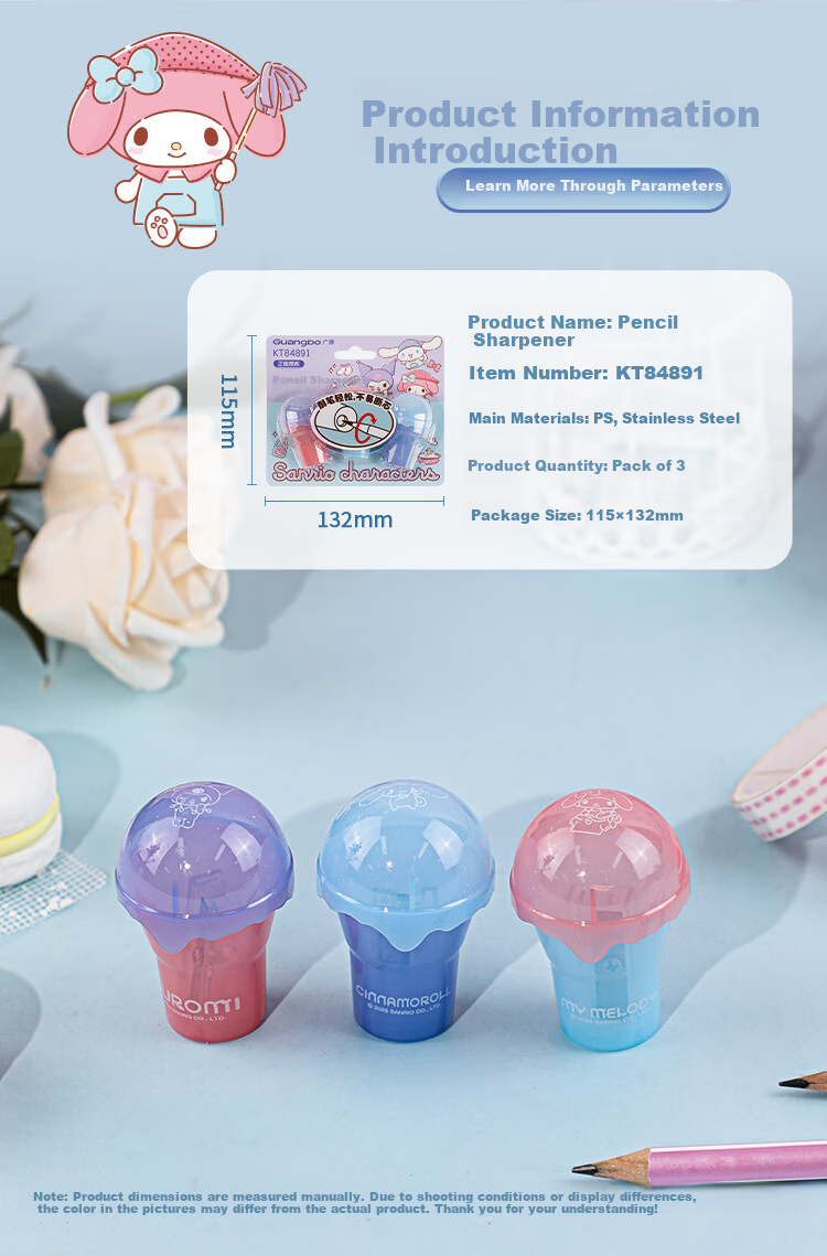 Guangbo & Sanrio Pencil Sharpener Manual Mini Sharpener for Elementary School Girls Small Pencil Cutter Kindergarten 3-Pack KT84891 2