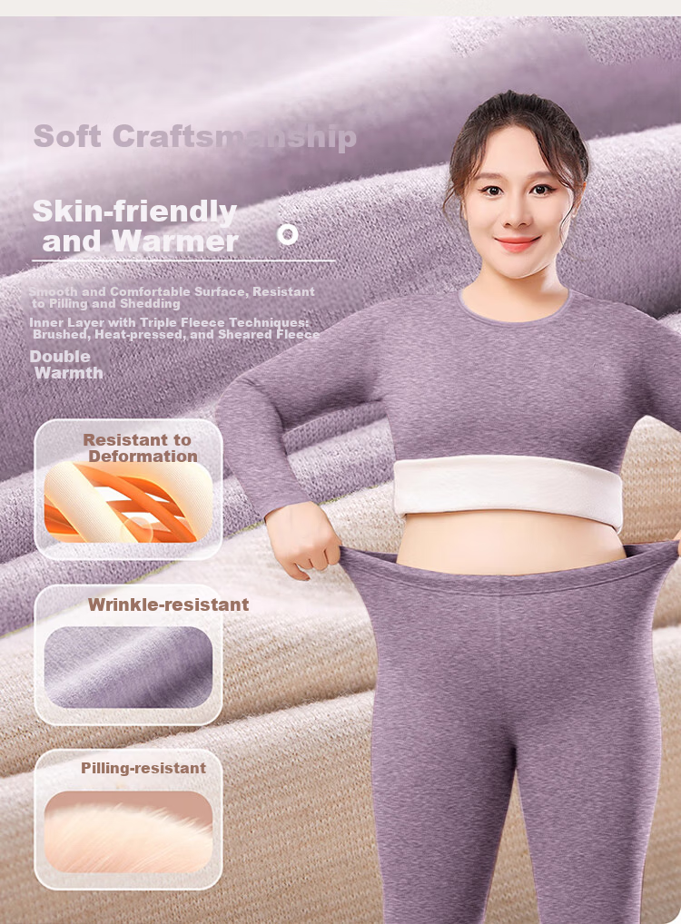 Caiyue Plus Size Women's Thermal Underwear Wool Silk 10A Antibacterial Half Turtleneck Fleece Lined Large Size Base Layer Set 3