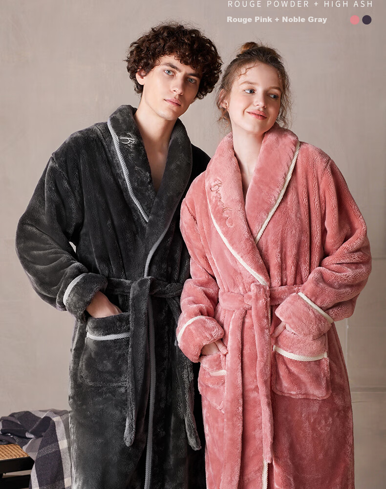 FENTENG Autumn Winter New Thickened Flannel Couple's Long Coral Fleece Bathrobe Men's Pajamas Homewear 18