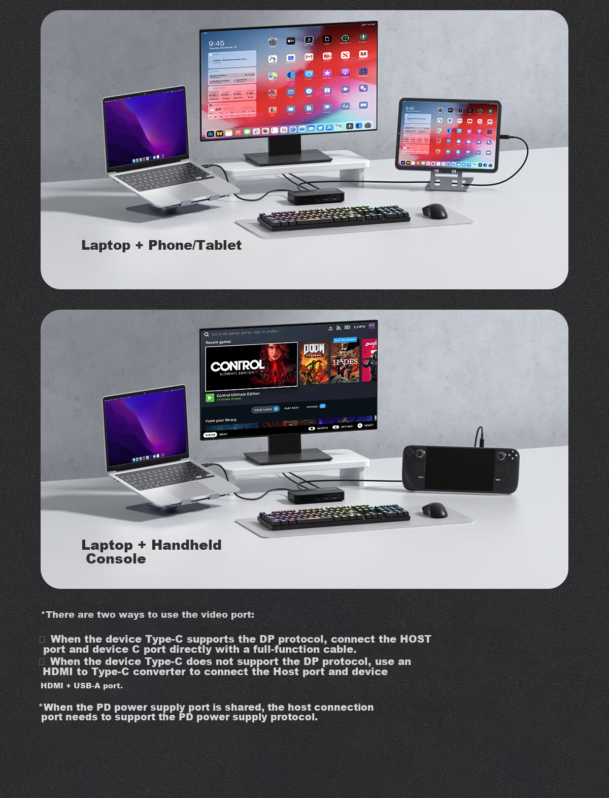 Haibeisi KVM Switch 2-in-1 Out Type-C Docking Station USB Keyboard Mouse HDMI Display Sharing Switcher for Switch2 Laptop Dual Host 12