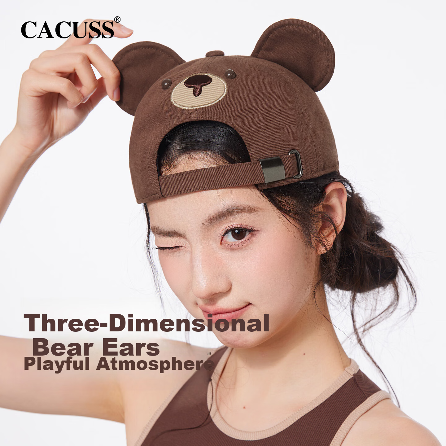 CACUSS Women's Duckbill Cap Spring Summer New Pure Cotton Soft Top Cartoon Age-Reducing Ear Baseball Cap Cute Bear Brown