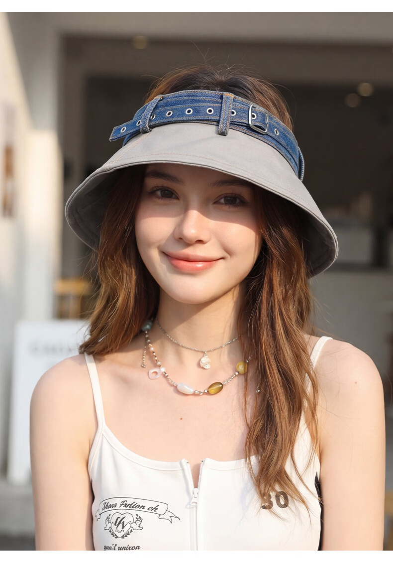 CACUSS Women's Denim Open-Top Cap Summer Sweet Cool Face-Slimming Sun Hat Outdoor Casual Foldable Sun Hat Apricot Beige 10