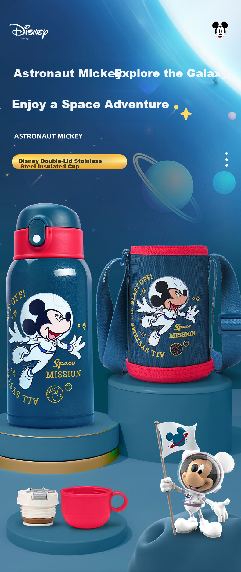 Disney Kids Insulated Straw Drinking Cup 316 Stainless Steel Large Capacity with Cup Sleeve Double Lid Water Bottle 650ml Mickey 2