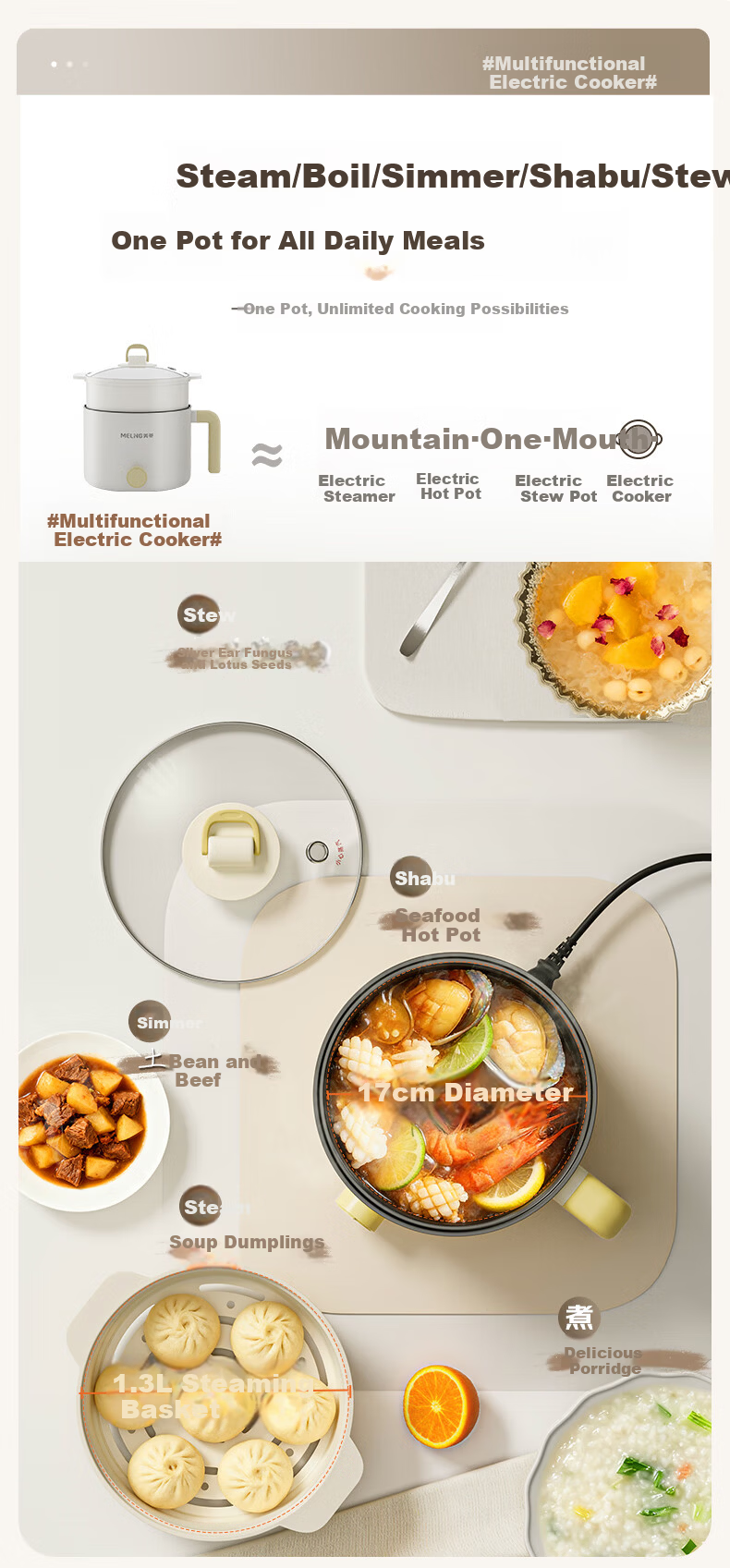 MeiLing Electric Cooking Pot Electric Steamer 1-2 Person Small Electric Pot Multifunctional Student Dormitory Mini Pot Instant Noodle Pot 1.7L Electric Hot Pot Frying and Boiling Combo MT-DY12309Z wit 5