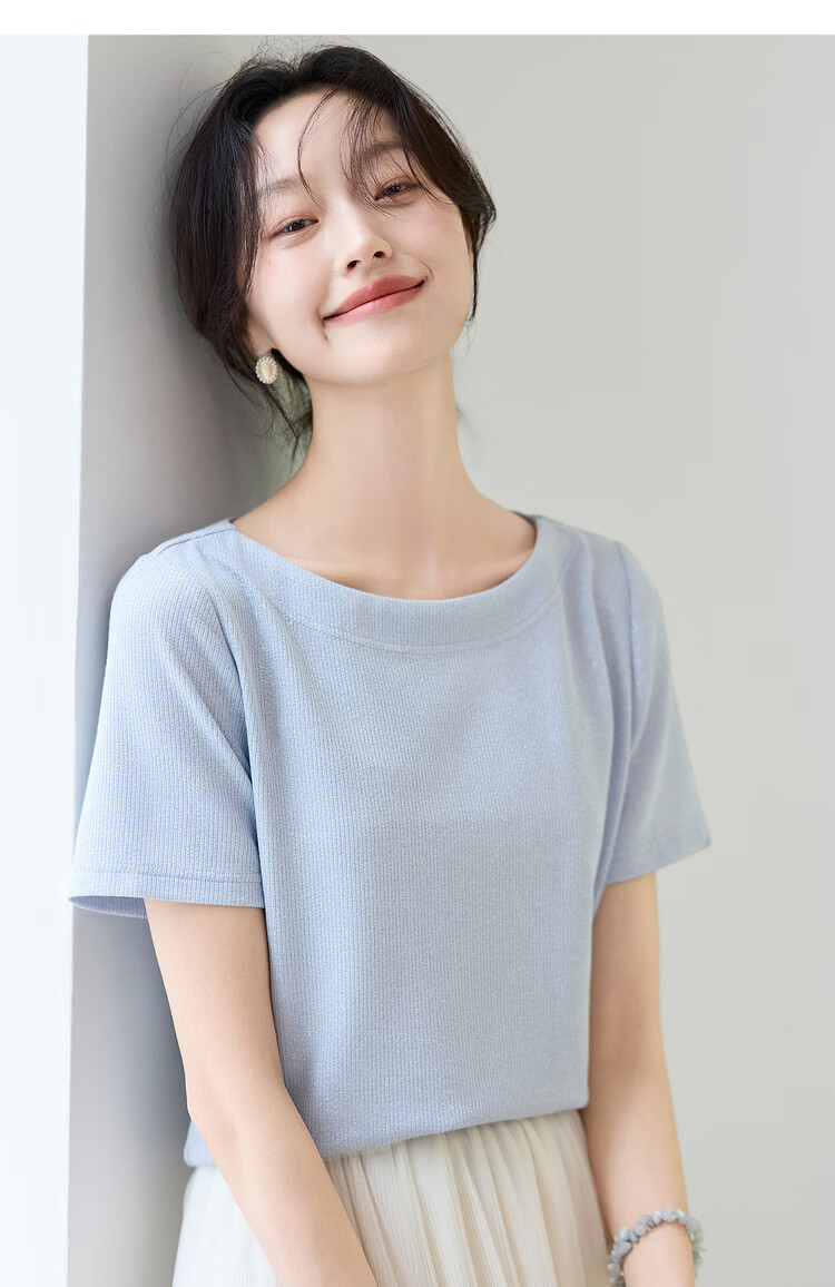 Shangdu Bila Off-Shoulder Boat Neck Double Needle Stitching T-Shirt for Women Summer Elegant Commuter Stretch Ribbed Knit Top 10