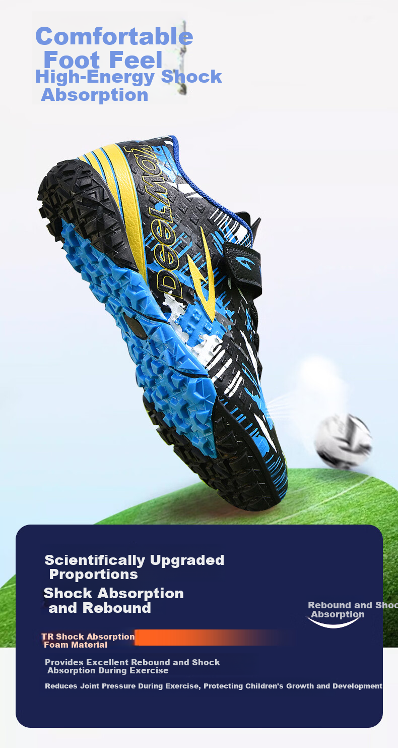Delhui Kids Soccer Shoes TF Turf Studs 6-12 Years Old Slip-On School Grass Football Training Black Blue Yellow Size 32 6