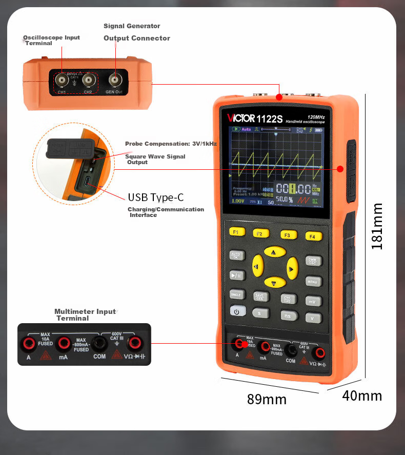 VICTOR VC1122S Handheld Digital Oscilloscope Portable Multimeter 3-in-1 Signal Generator for Home Use 2