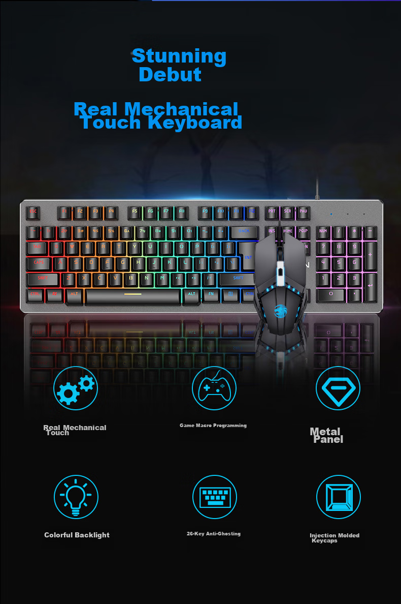 EWEADN GX300 Mechanical Feel Keyboard And Mouse Set, Gaming Wired Desktop Computer Laptop Office Thin Film Keyboard And Mouse Peripherals, Black with Ice Blue Light 2