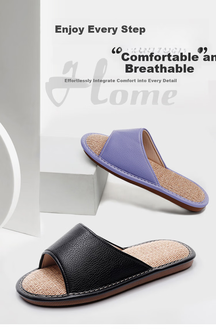 Genmai Plus Size Linen Slippers Men 4849 Indoor Home Floor Non-Slip Four Seasons Leather Slippers Coffee Color Size 40-41 1