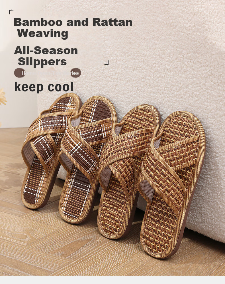 GUOLUOFEI Woven Rattan Summer Indoor Non-Slip Soft Sole Slippers for Men and Women, Diamond Cross Pattern, Size 42-43 1