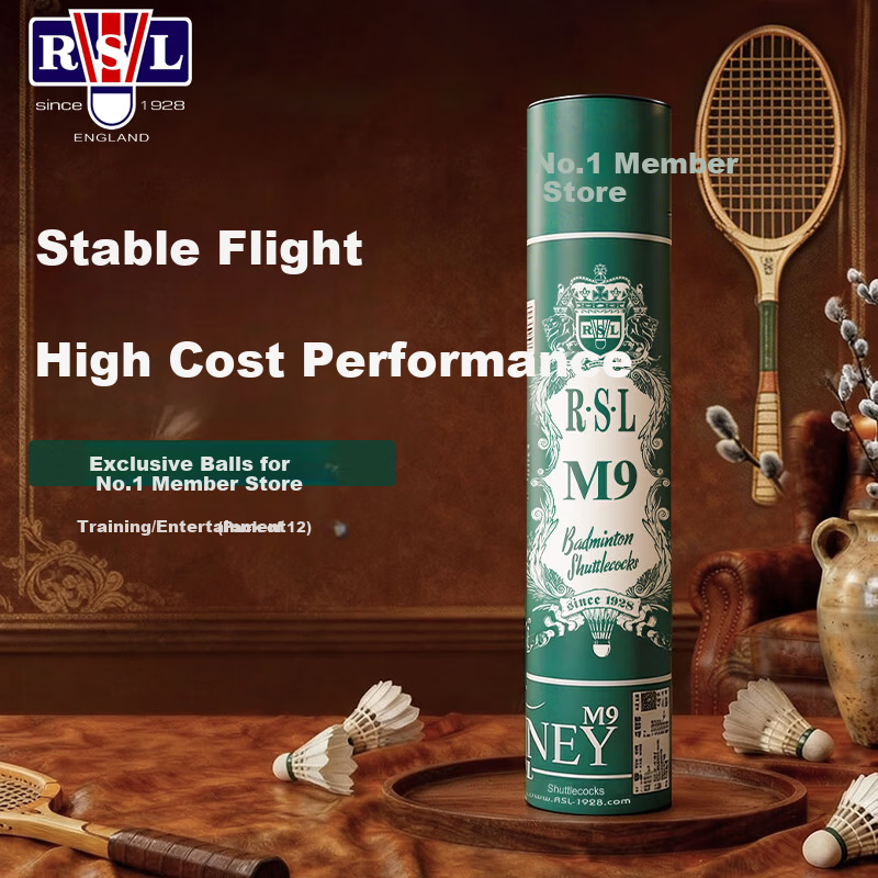 RSL Badminton Shuttlecocks 12-Pack Training and Competition Goose Feather Straightened Indoor Outdoor Windproof M9 Speed 77 Tub