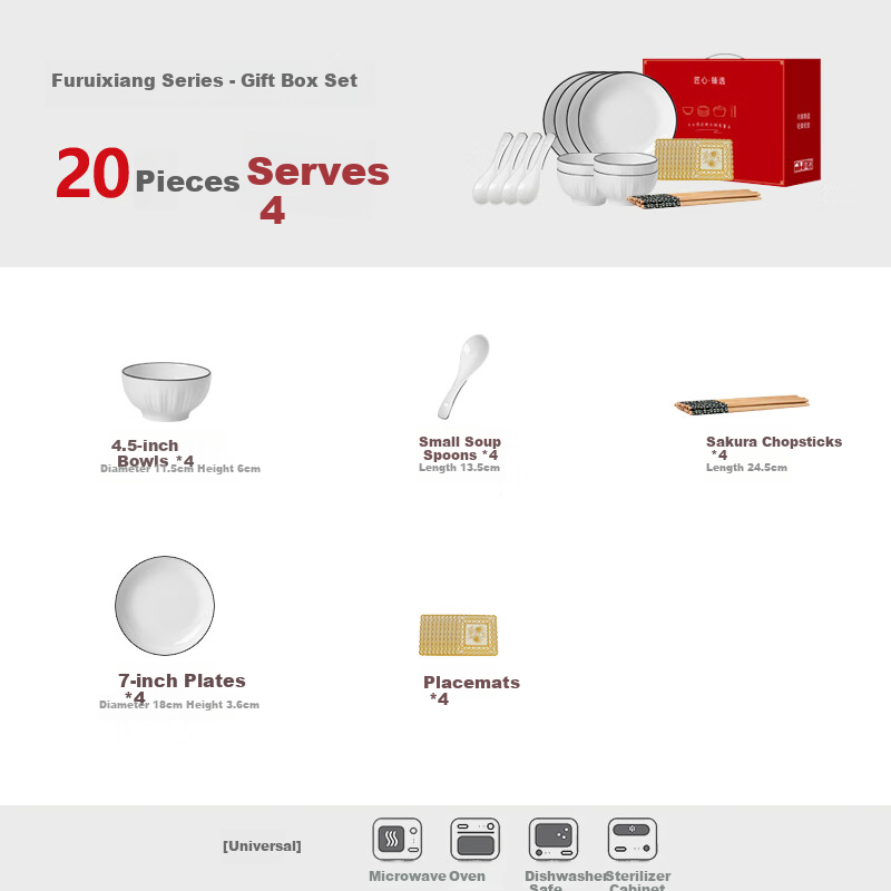 KANGQIN Underglaze Color Bowl and Plate Dinnerware Set, 20-Piece 4-Person Tableware Set, Upgraded Gift Box, Furuixiang Series
