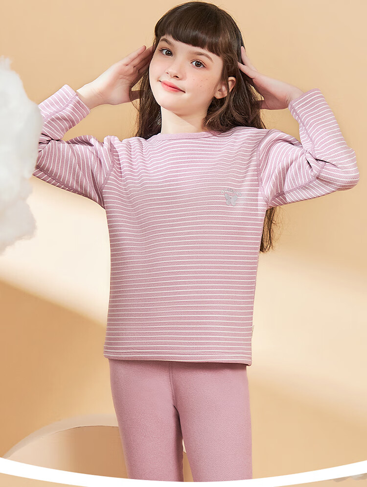 LangSha Children's Thermal Underwear Set, Girls' Autumn And Winter Yang Ion Fleece Pajamas, Home Wear, Girls' Autumn Top And Pants Set, Pink-Wide Stripes, 130 (Recommended Height 120-130cm) 15
