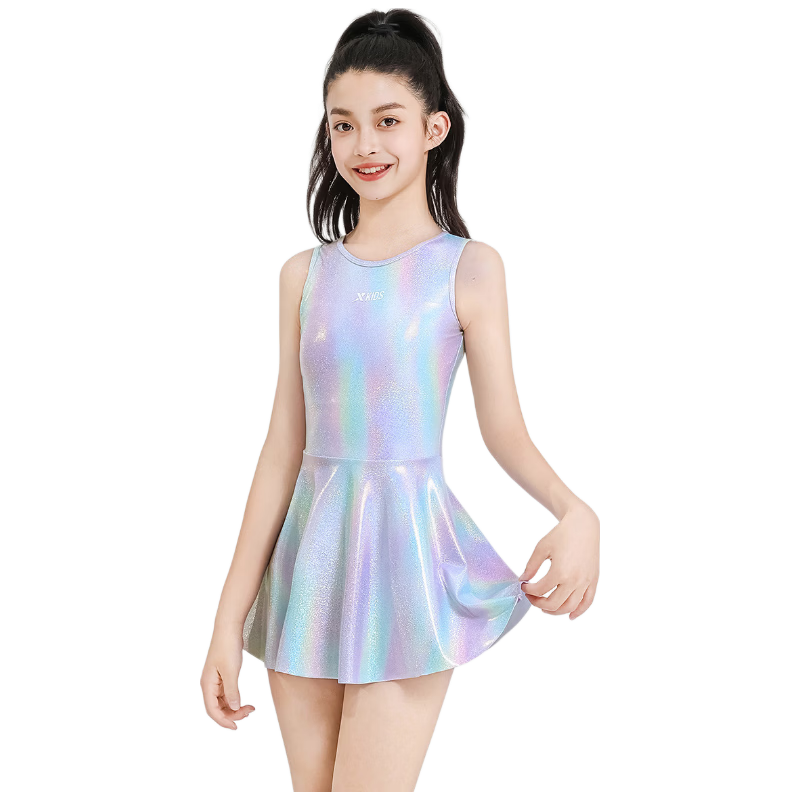 Xtep Kids Girls One-Piece Conservative Skirted Swimsuit Sweet Stylish Beach Vacation Swimwear