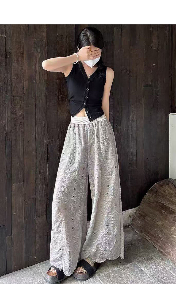 Demana Urban Light Vintage Embroidered Mesh Elastic Waist High-Waist Straight-Leg Slimming Casual Pants for Women 5