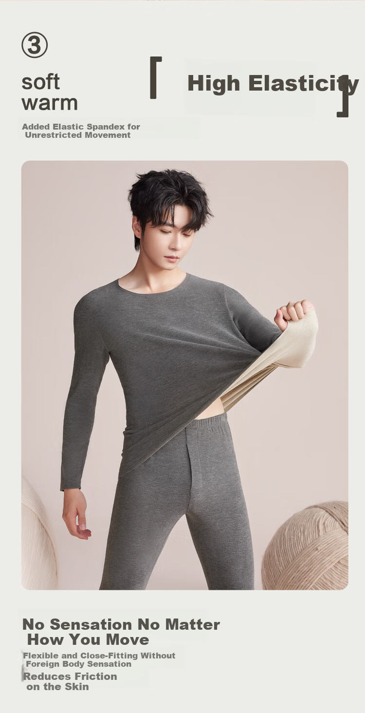 Hodo Home Seamless Thermal Underwear Set for Men Autumn Winter Color-Spun Fleece with Cashmere and Mulberry Silk 1