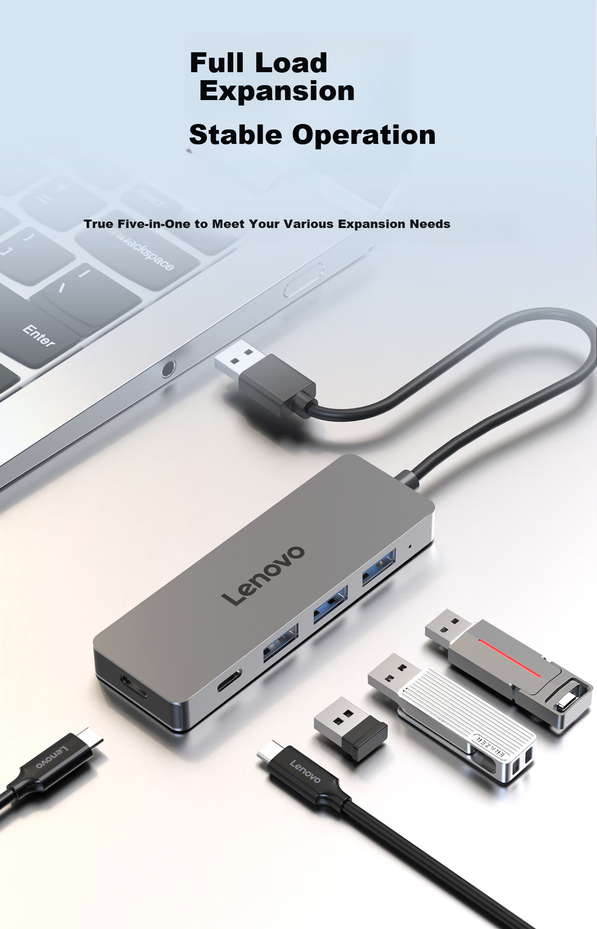 Lenovo USB 3.0 Metal 4-in-1 High-Speed Hub Docking Station Multi-Port Adapter Extension Cable for Laptop 2