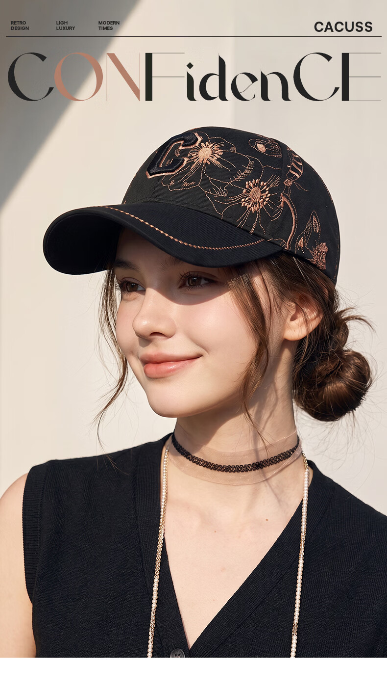 CACUSS Women's Embroidered Baseball Cap Hard Top Outdoor Sun Hat Casual Slim Face Duckbill Cap Black 1