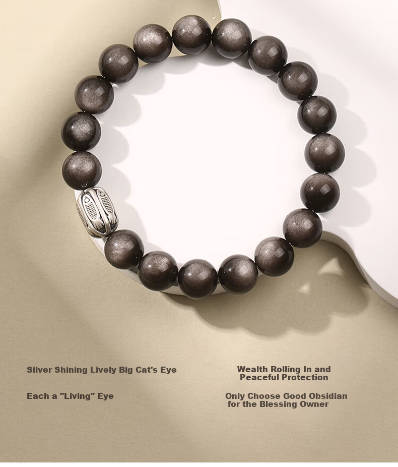 Chinese Jewelry Pure Silver Obsidian Lucky Koi Bracelet Men's High-End Black Obsidian Beaded Bracelet 520 Birthday Gift for Boyfriend and Girlfriend 10