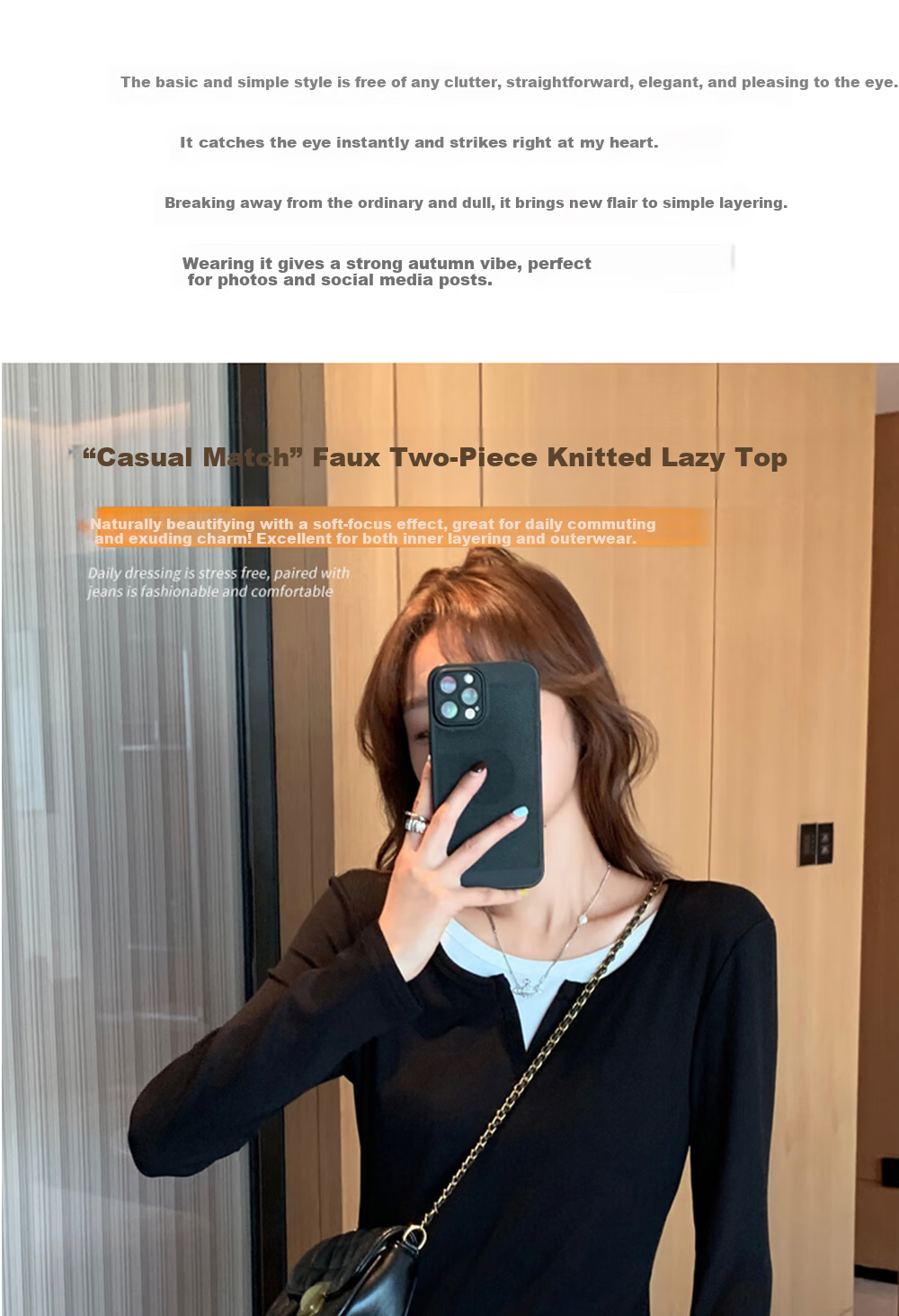 Modal Colorblock Layered Design Slim Fit Long Sleeve T-Shirt for Women New Slim Shoulder Slimming Top 4