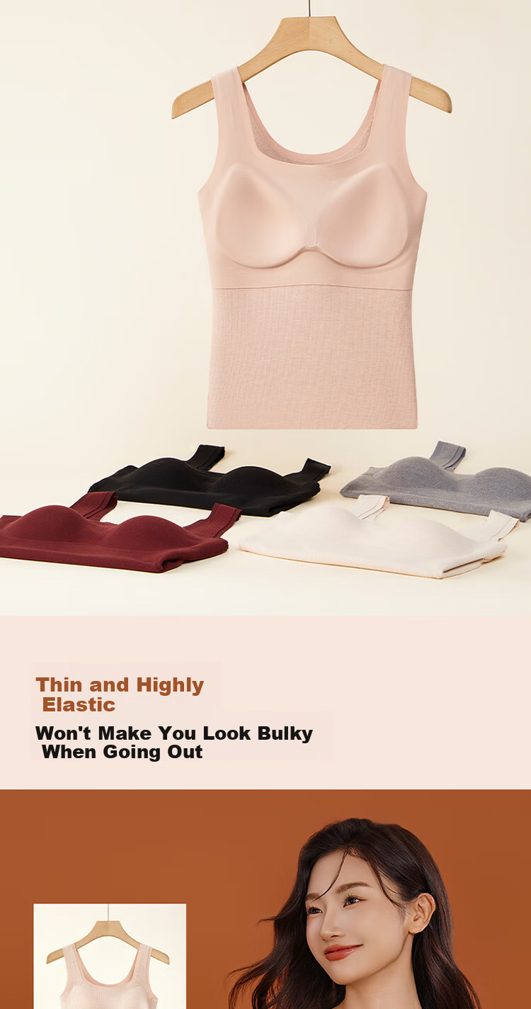 GUJIN Seamless Thermal Vest for Women with Chest Pad, No Bra Needed, Camellia Oil Infused Cashmere Protein Moisturizing Slim Fit 10