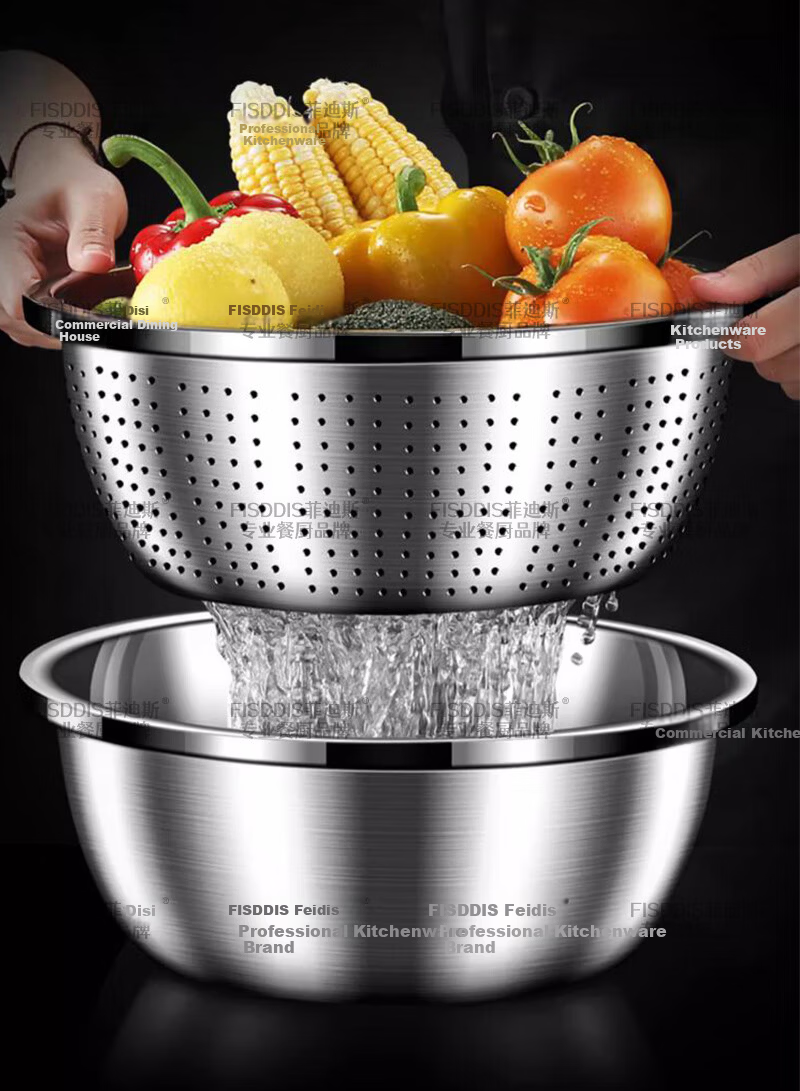 FISDDIS 304 Stainless Steel Bowl and Sieve 2-Piece Set Thick Soup Bowl Rice Washing Strainer Draining Basket 30cm Cooking Bowl LLPTZ-30 19