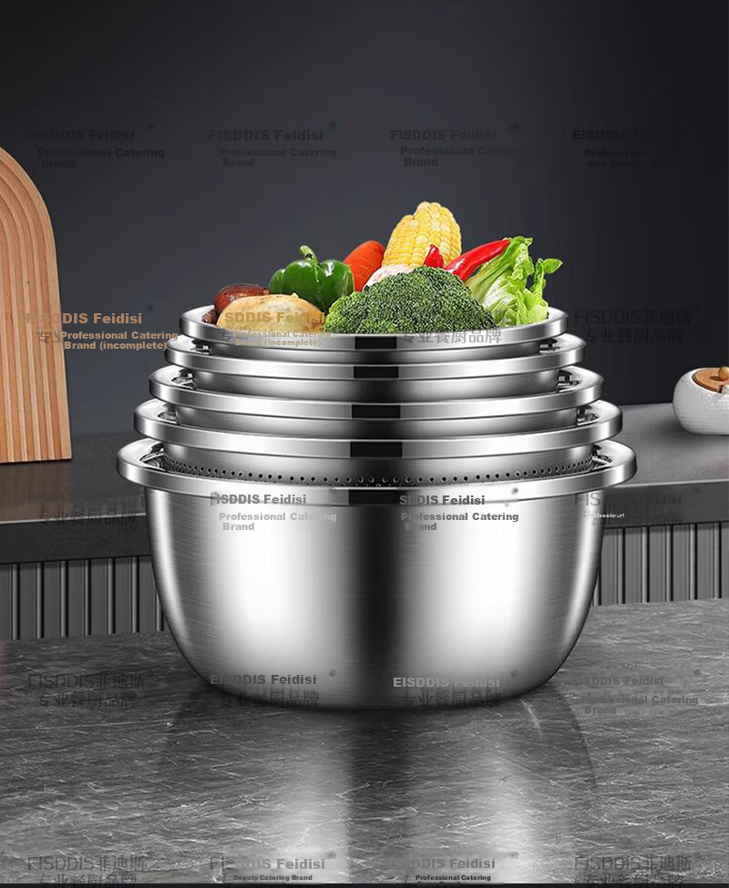 FISDDIS 304 Stainless Steel Bowl and Sieve 2-Piece Set Thick Soup Bowl Rice Washing Strainer Draining Basket 30cm Cooking Bowl LLPTZ-30 21