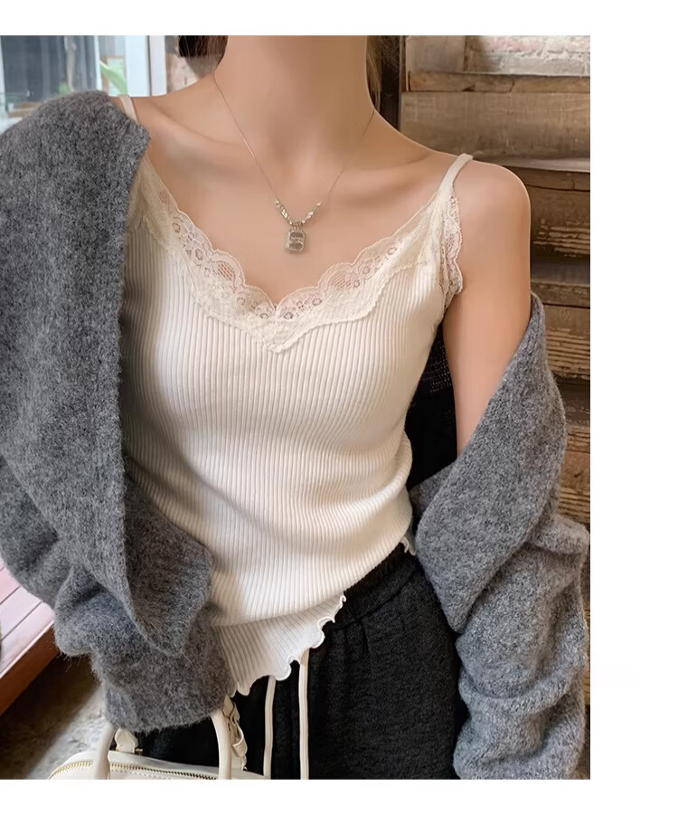 Langsha Lace Camisole Vest Women 2026 New Spring Summer French Style V-Neck Blouse Suit Inner Knit Base Shirt 25