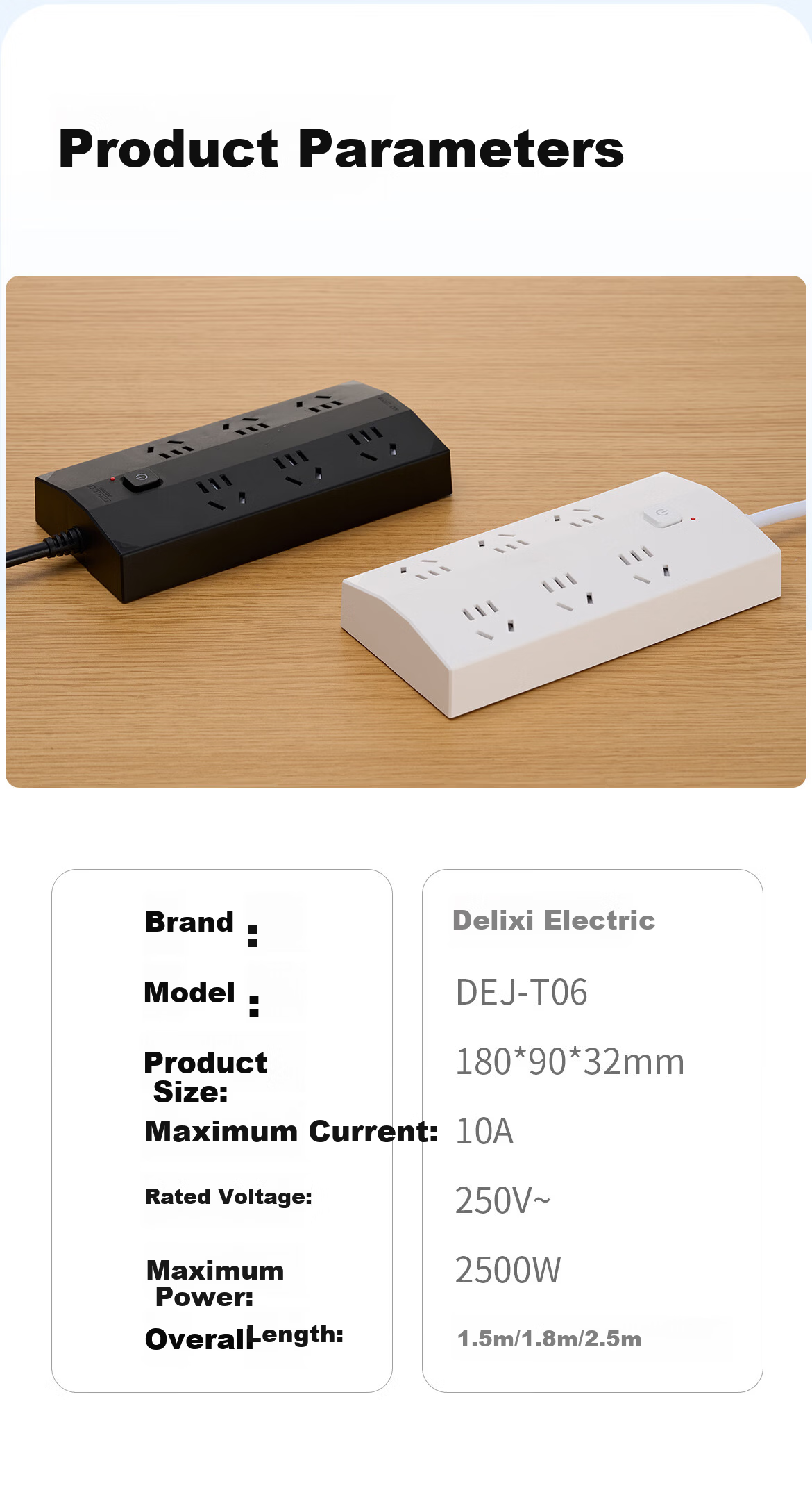 DELIXI New National Standard 3C Certified Trapezoidal Power Strip/Socket/Extension Cord/Surge Protector for Home Office Dormitory Desktop 6-Outlet Five-Hole Master Switch 2.5m 14